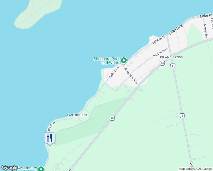 map of restaurants, bars, coffee shops, grocery stores, and more near 933 Lake Drive in Georgina