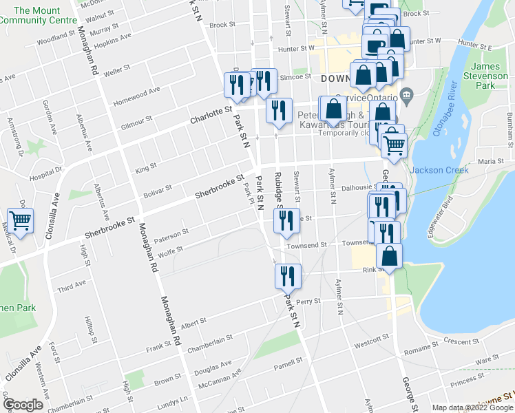 map of restaurants, bars, coffee shops, grocery stores, and more near 189 Park Street North in Peterborough