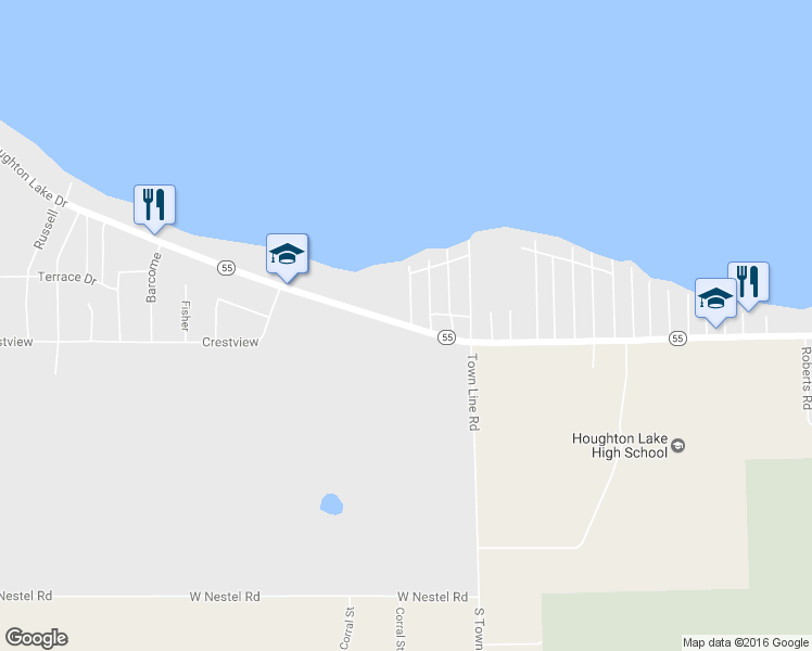 map of restaurants, bars, coffee shops, grocery stores, and more near 4932 West Houghton Lake Drive in Houghton Lake