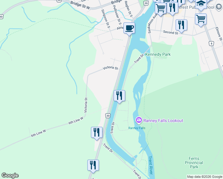 map of restaurants, bars, coffee shops, grocery stores, and more near 320 Grand Road in Campbellford