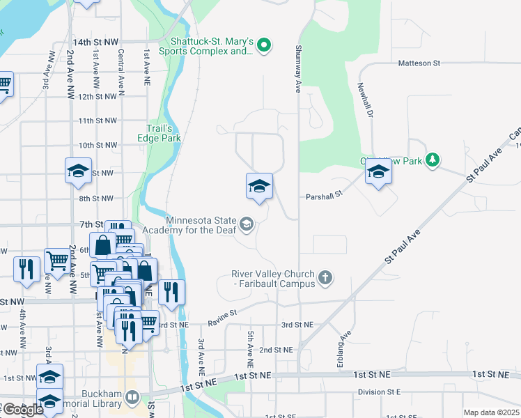 map of restaurants, bars, coffee shops, grocery stores, and more near 615 Olof Hanson Drive in Faribault