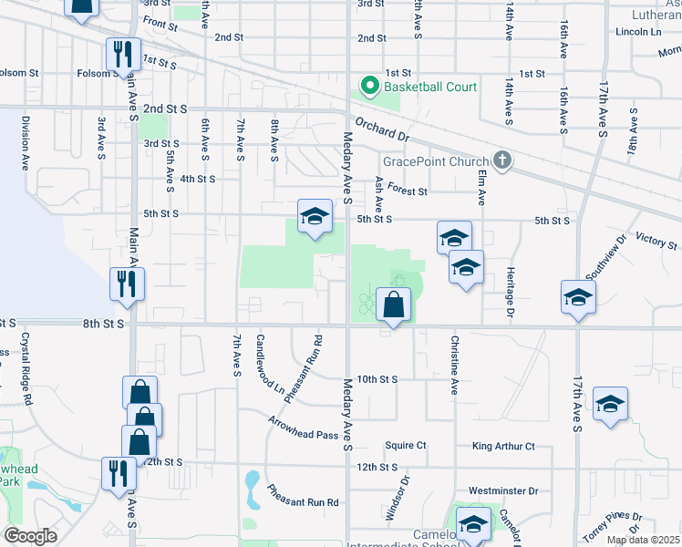 map of restaurants, bars, coffee shops, grocery stores, and more near 500-698 Medary Ave S in Brookings