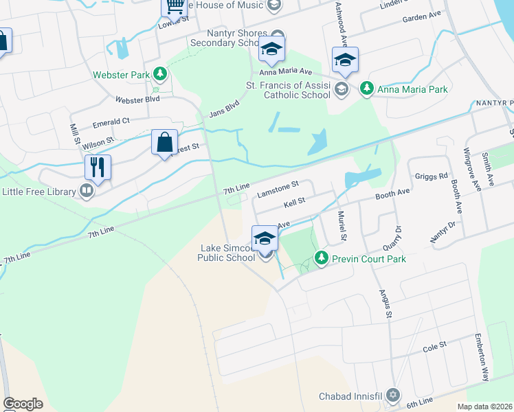 map of restaurants, bars, coffee shops, grocery stores, and more near 1787 Lamstone Street in Innisfil