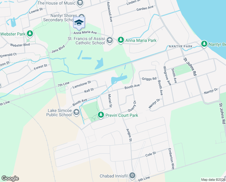 map of restaurants, bars, coffee shops, grocery stores, and more near Booth Avenue in Innisfil