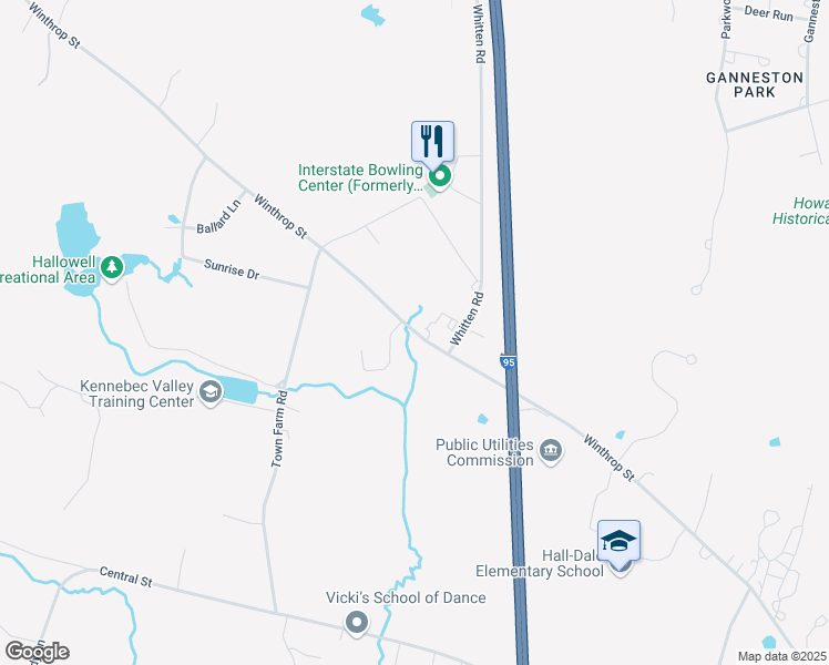 map of restaurants, bars, coffee shops, grocery stores, and more near Winthrop Street in Hallowell