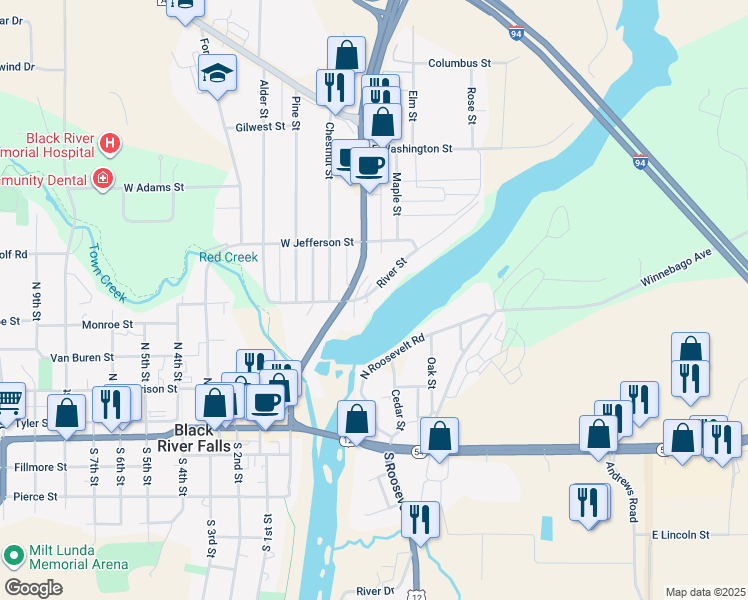 map of restaurants, bars, coffee shops, grocery stores, and more near 336 North Water Street in Black River Falls