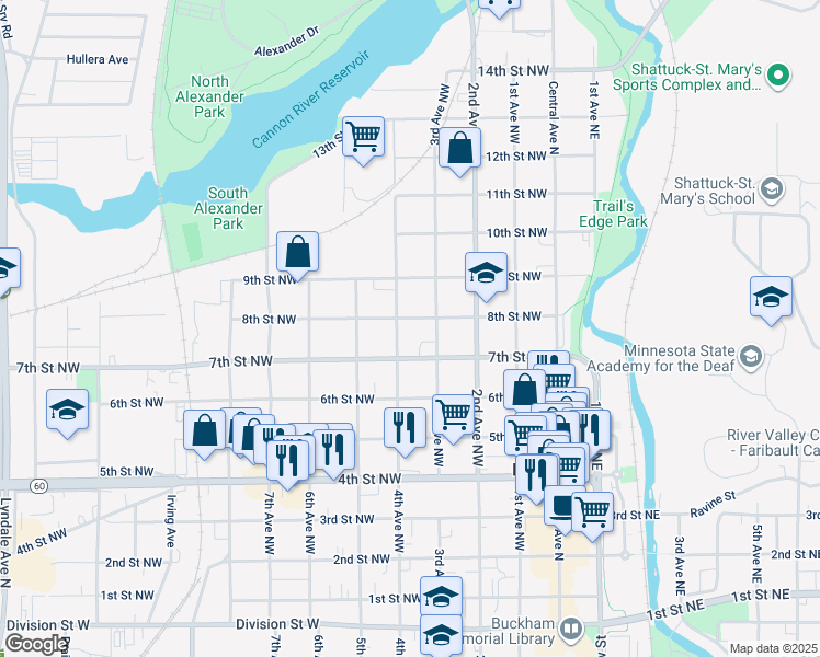 map of restaurants, bars, coffee shops, grocery stores, and more near 328 8th Street Northwest in Faribault