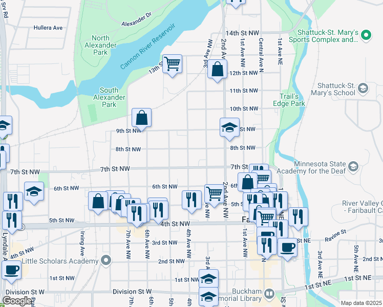 map of restaurants, bars, coffee shops, grocery stores, and more near 328 8th Street Northwest in Faribault