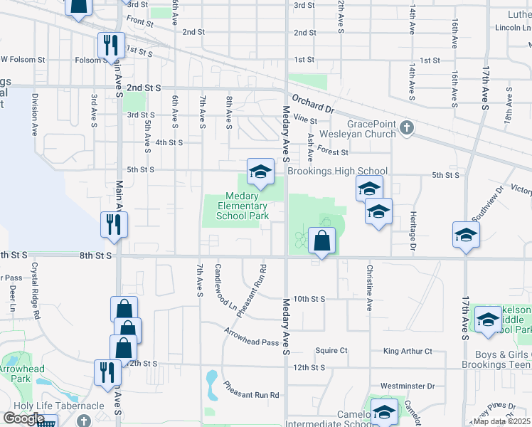 map of restaurants, bars, coffee shops, grocery stores, and more near 794-998 5th Street South in Brookings