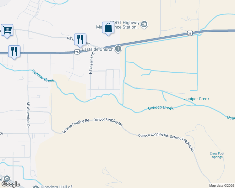 map of restaurants, bars, coffee shops, grocery stores, and more near 509 Southeast Stetson Court in Prineville