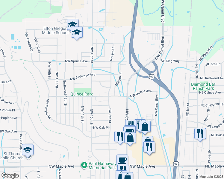 map of restaurants, bars, coffee shops, grocery stores, and more near 2536 Northwest 8th Street in Redmond