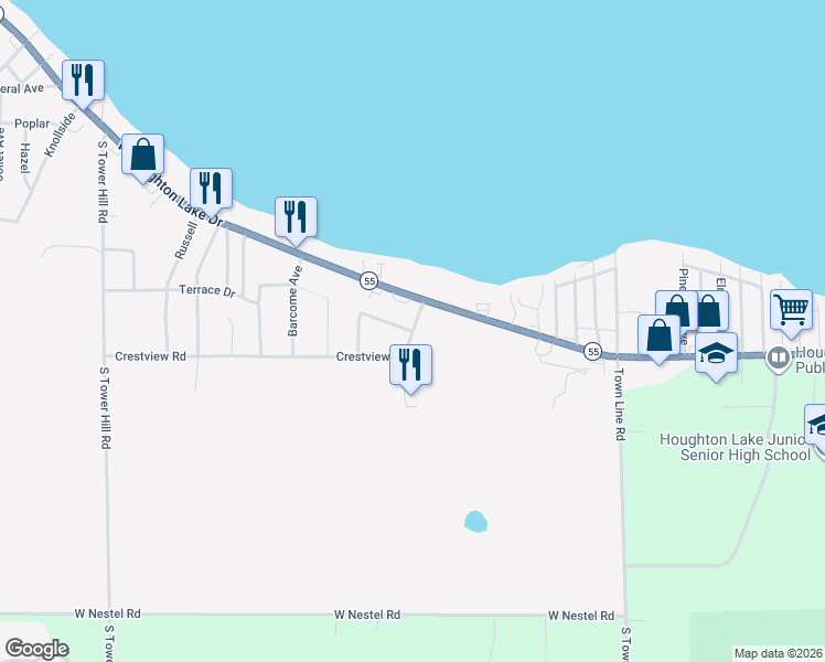 map of restaurants, bars, coffee shops, grocery stores, and more near 907 Crestview in Houghton Lake