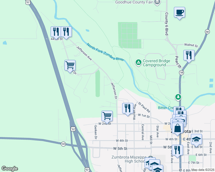 map of restaurants, bars, coffee shops, grocery stores, and more near 20 Raasch Ranch in Zumbrota