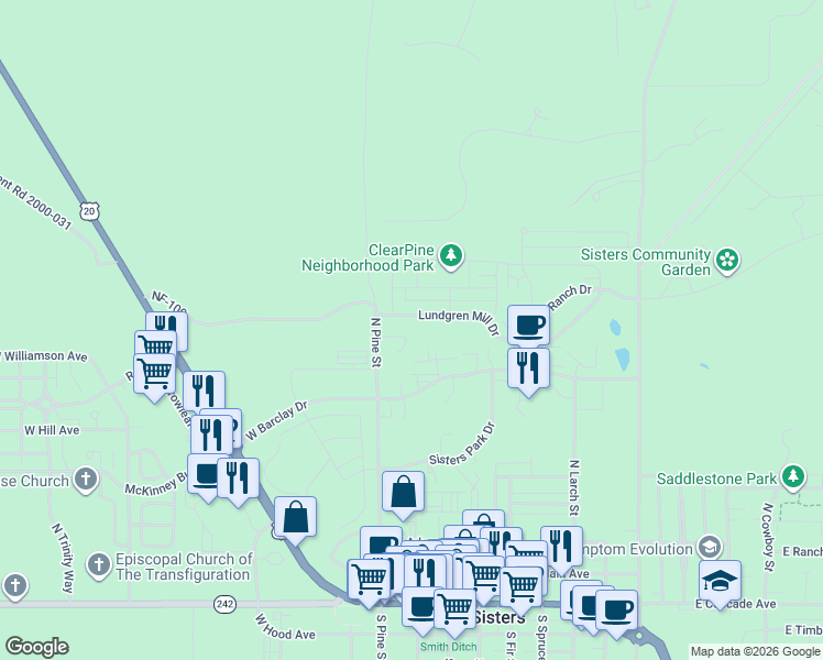 map of restaurants, bars, coffee shops, grocery stores, and more near 300 Lundgren Mill Drive in Sisters