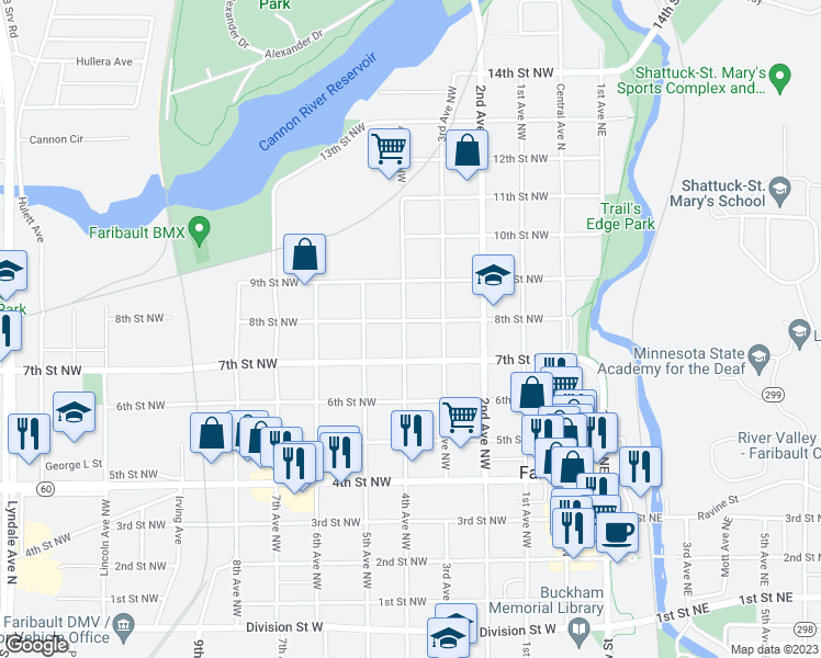 map of restaurants, bars, coffee shops, grocery stores, and more near 327 8th Street Northwest in Faribault