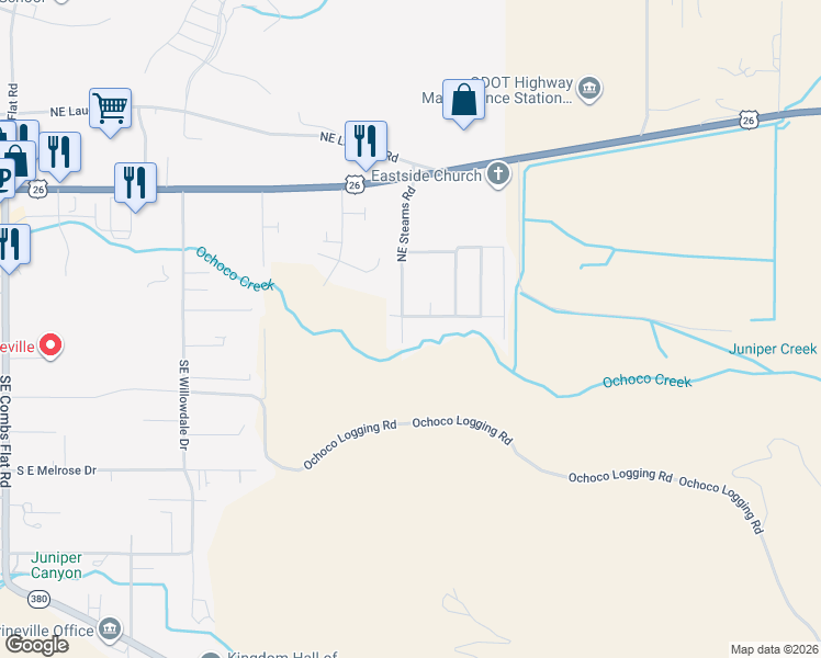 map of restaurants, bars, coffee shops, grocery stores, and more near 472 Southeast Stearns Road in Prineville