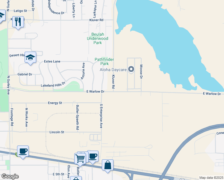 map of restaurants, bars, coffee shops, grocery stores, and more near Kluver Rd in Gillette