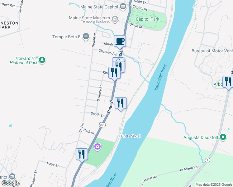 map of restaurants, bars, coffee shops, grocery stores, and more near 303 State Street in Augusta
