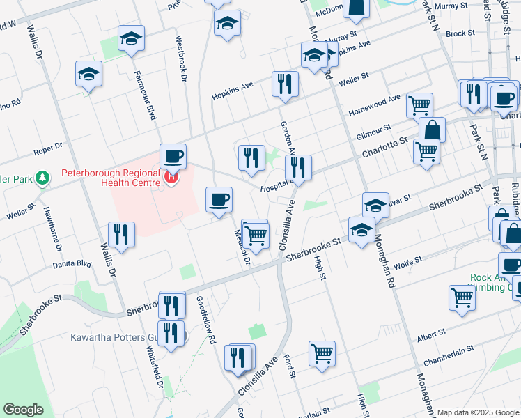 map of restaurants, bars, coffee shops, grocery stores, and more near 737 Victory Crescent in Peterborough
