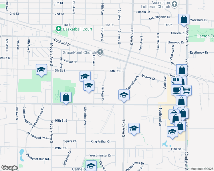 map of restaurants, bars, coffee shops, grocery stores, and more near 519 Heritage Drive in Brookings