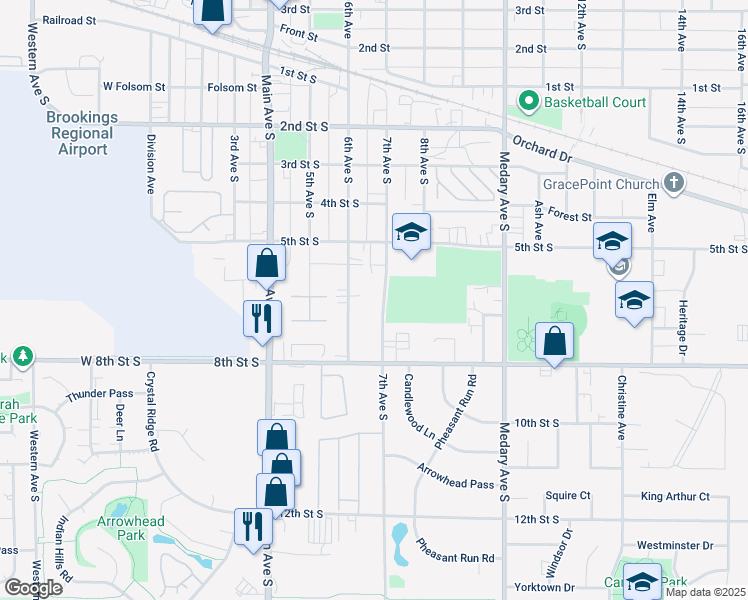 map of restaurants, bars, coffee shops, grocery stores, and more near 501-799 7th Ave S in Brookings