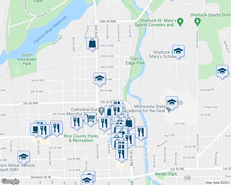 map of restaurants, bars, coffee shops, grocery stores, and more near 9 8th Street Northwest in Faribault