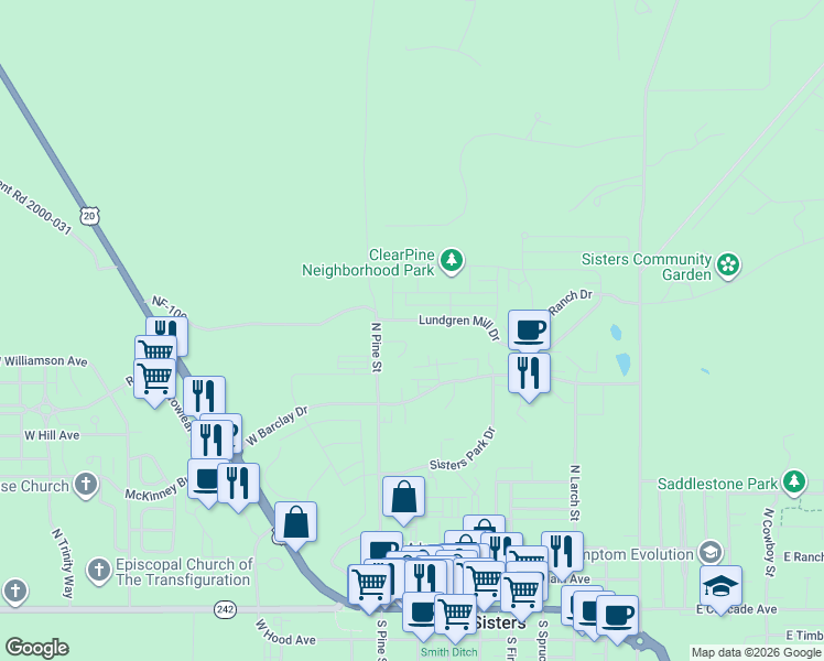 map of restaurants, bars, coffee shops, grocery stores, and more near 300 Lundgren Mill Drive in Sisters