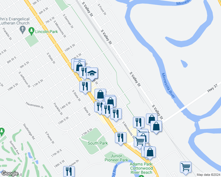 map of restaurants, bars, coffee shops, grocery stores, and more near 421 15th South Street in New Ulm