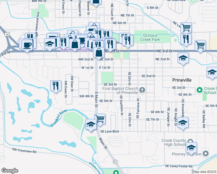 map of restaurants, bars, coffee shops, grocery stores, and more near 333 Southeast Belknap Street in Prineville