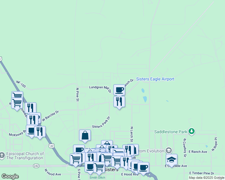 map of restaurants, bars, coffee shops, grocery stores, and more near 120 Lundgren Mill Drive in Sisters