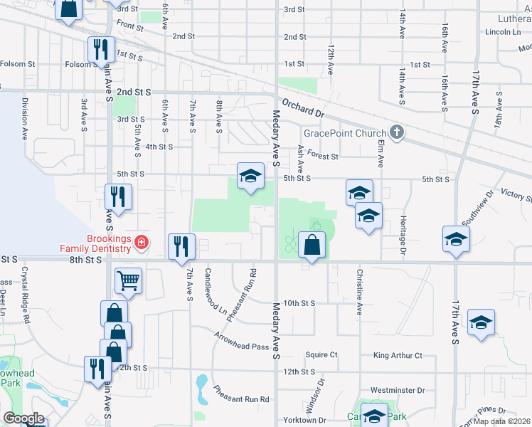map of restaurants, bars, coffee shops, grocery stores, and more near 500-698 Medary Ave S in Brookings