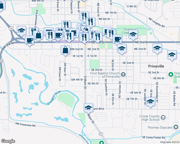 map of restaurants, bars, coffee shops, grocery stores, and more near 333 Southeast Belknap Street in Prineville