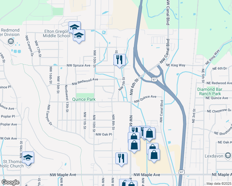 map of restaurants, bars, coffee shops, grocery stores, and more near 2466 Northwest 8th Street in Redmond