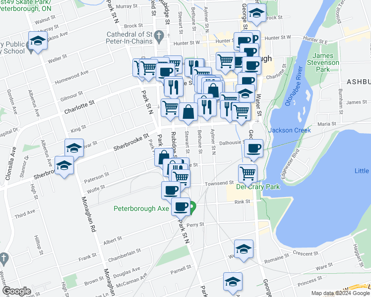 map of restaurants, bars, coffee shops, grocery stores, and more near 285 Dalhousie Street in Peterborough
