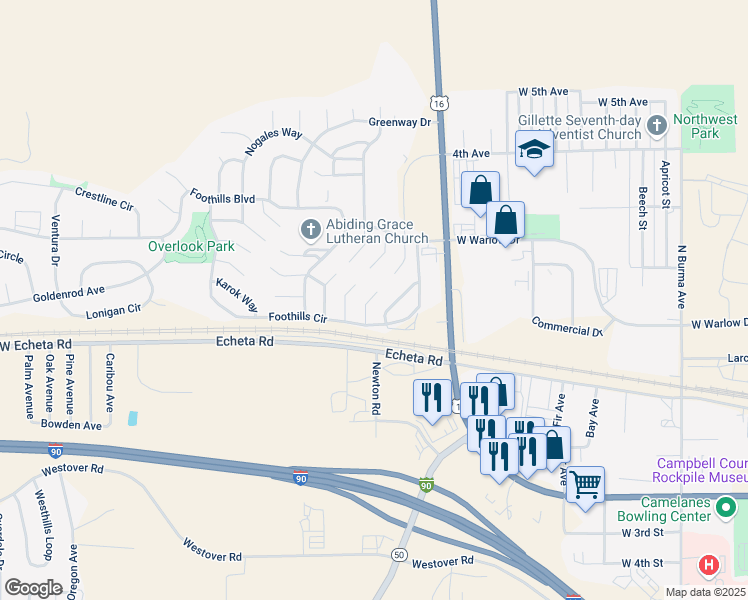 map of restaurants, bars, coffee shops, grocery stores, and more near 100 Fox Lane in Gillette