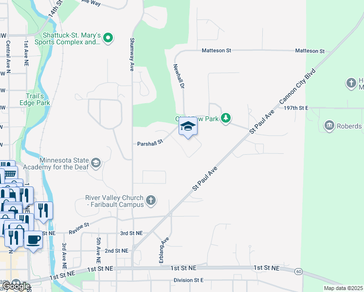 map of restaurants, bars, coffee shops, grocery stores, and more near 925 Parshall Street in Faribault