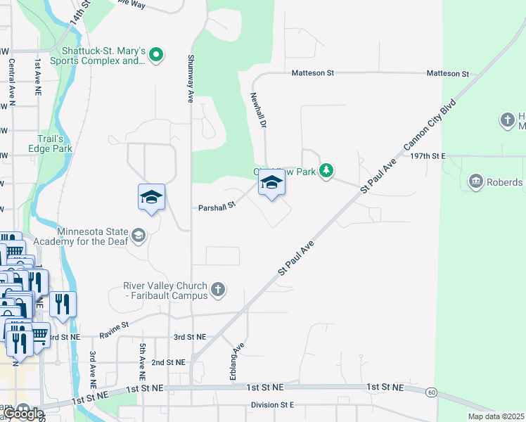map of restaurants, bars, coffee shops, grocery stores, and more near 925 Parshall Street in Faribault