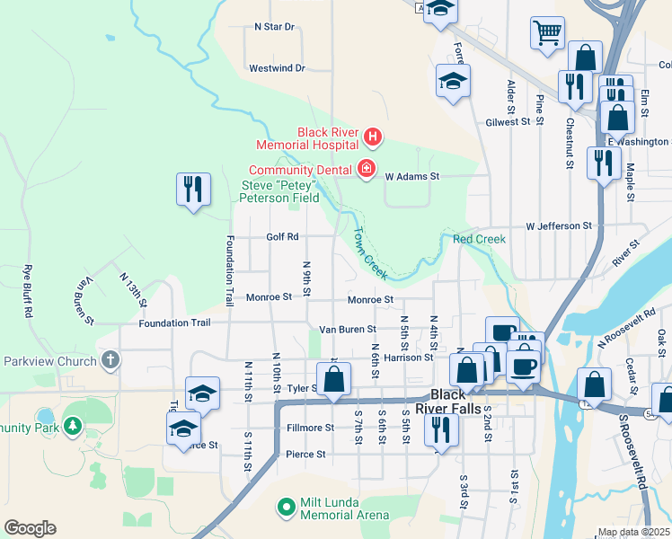 map of restaurants, bars, coffee shops, grocery stores, and more near 521 North 8th Street in Black River Falls
