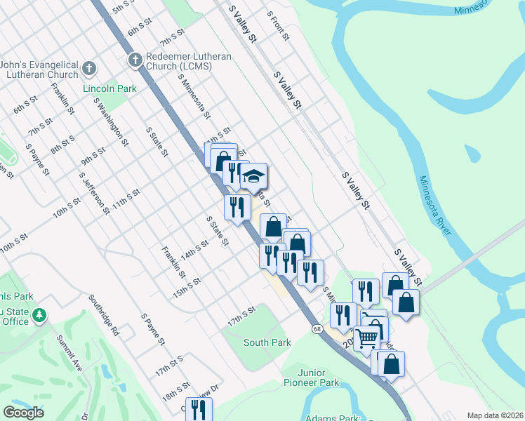 map of restaurants, bars, coffee shops, grocery stores, and more near 1400 South Minnesota Street in New Ulm