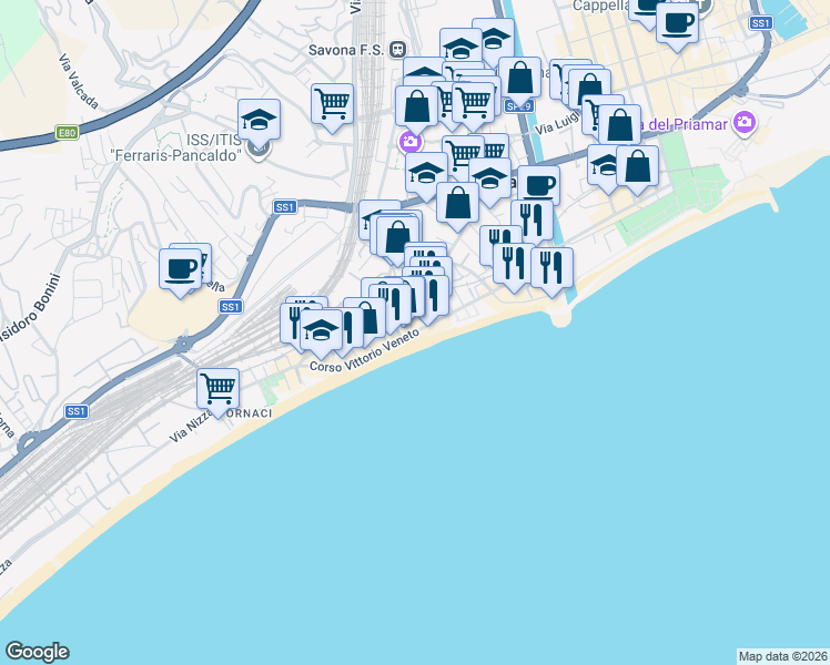 map of restaurants, bars, coffee shops, grocery stores, and more near 116 Corso Vittorio Veneto in Savona