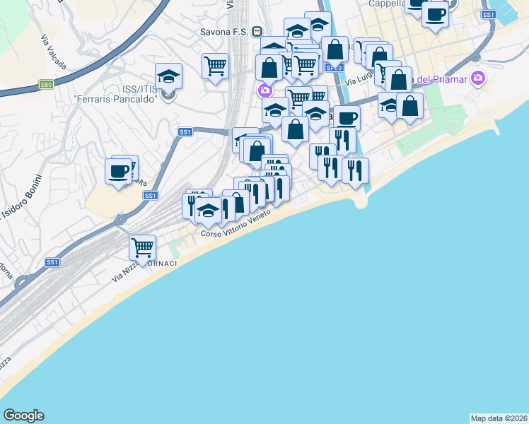 map of restaurants, bars, coffee shops, grocery stores, and more near 116 Corso Vittorio Veneto in Savona