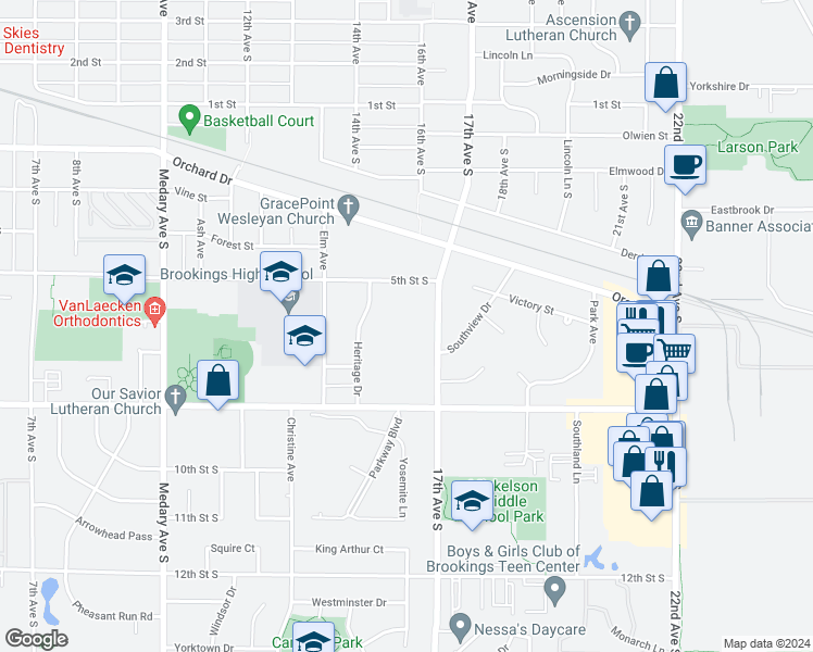 map of restaurants, bars, coffee shops, grocery stores, and more near 519 Heritage Drive in Brookings