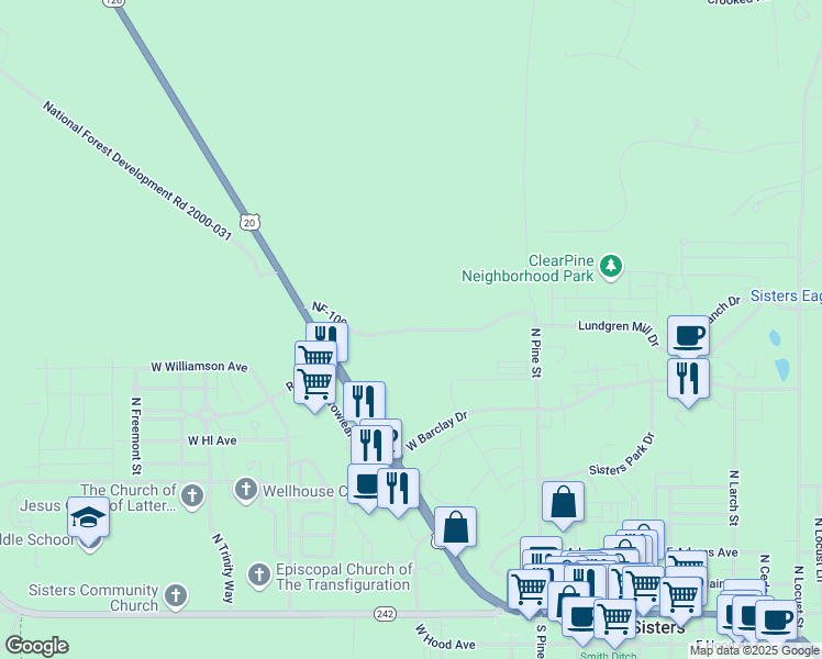 map of restaurants, bars, coffee shops, grocery stores, and more near National Forest Development Road 100 in Sisters