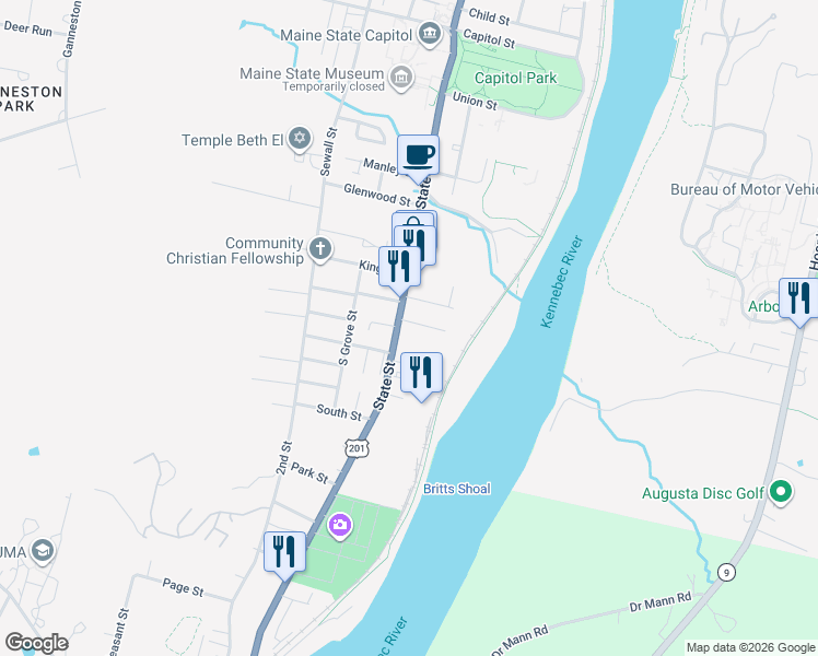 map of restaurants, bars, coffee shops, grocery stores, and more near 303 State Street in Augusta