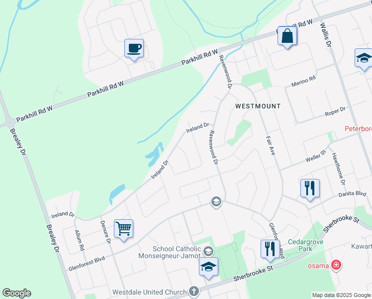 map of restaurants, bars, coffee shops, grocery stores, and more near in Peterborough