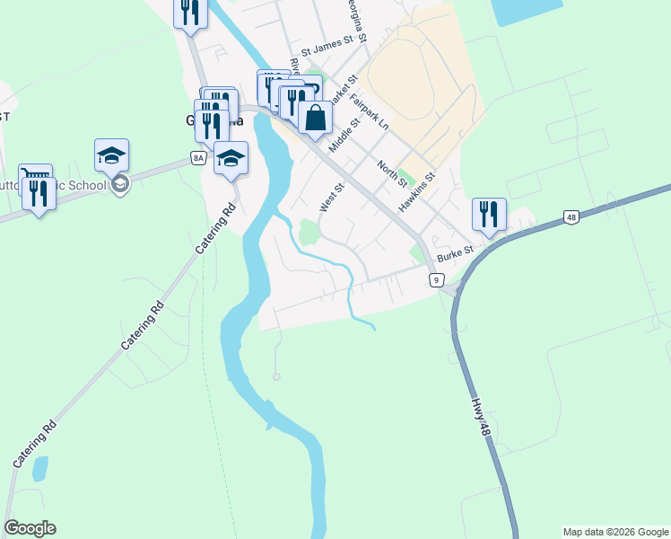 map of restaurants, bars, coffee shops, grocery stores, and more near 17 Garrett Drive in Georgina