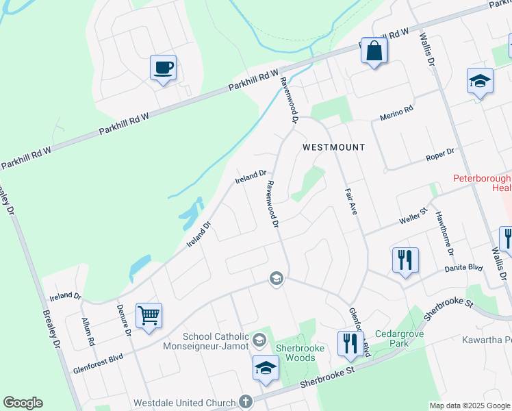map of restaurants, bars, coffee shops, grocery stores, and more near 640 Tully Crescent in Peterborough