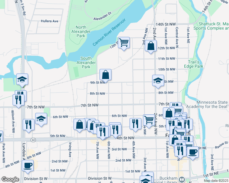 map of restaurants, bars, coffee shops, grocery stores, and more near 522 8th Street Northwest in Faribault