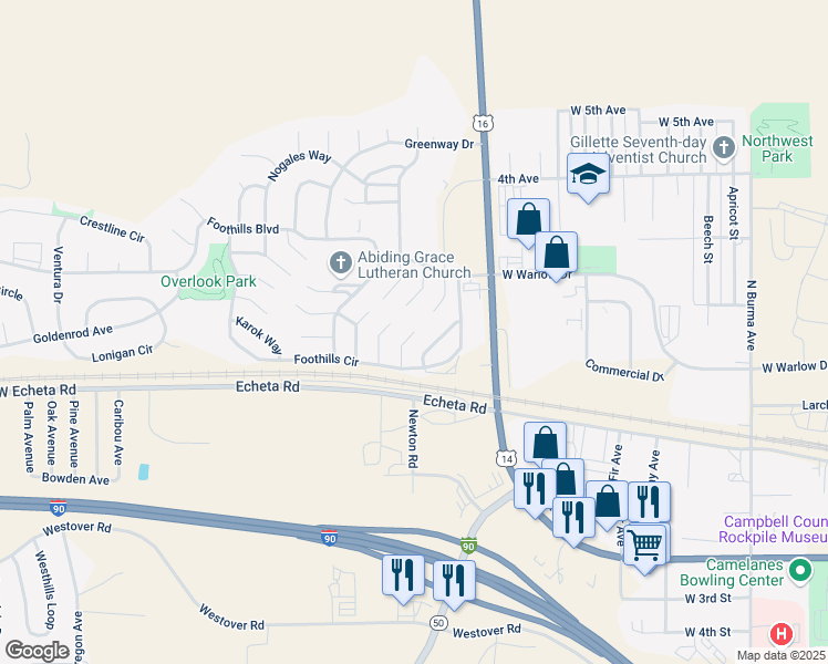 map of restaurants, bars, coffee shops, grocery stores, and more near 100 Fox Lane in Gillette