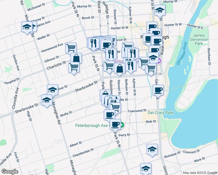 map of restaurants, bars, coffee shops, grocery stores, and more near in Peterborough